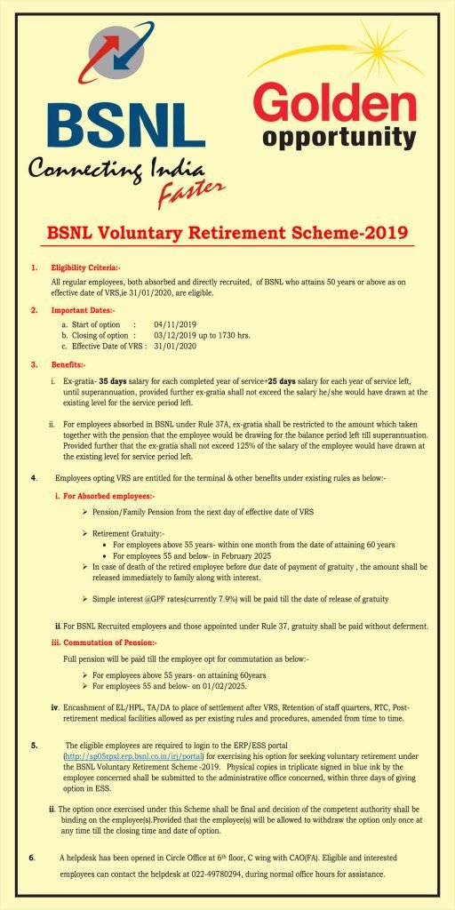 BSNL Voluntary Retirement Scheme 2019