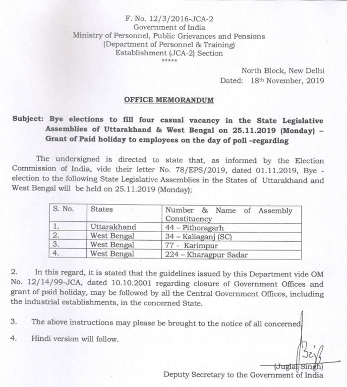 Bye elections 2019 – Grant of Paid holiday to employees of Uttarakhand & West Bengal on the day of poll 25.11.2019