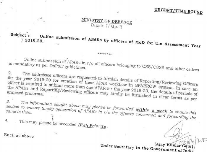 Online submission of APARs by officers of MoD for the Assessment Year 2019-2020